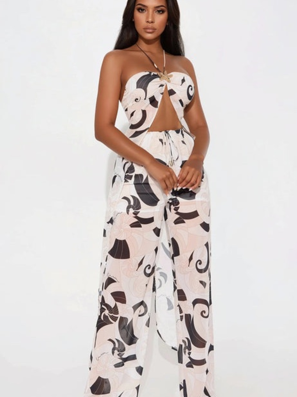 Fashion Nova Strapless Cutout Wide-Leg Jumpsuit in Blush & Black Swirl